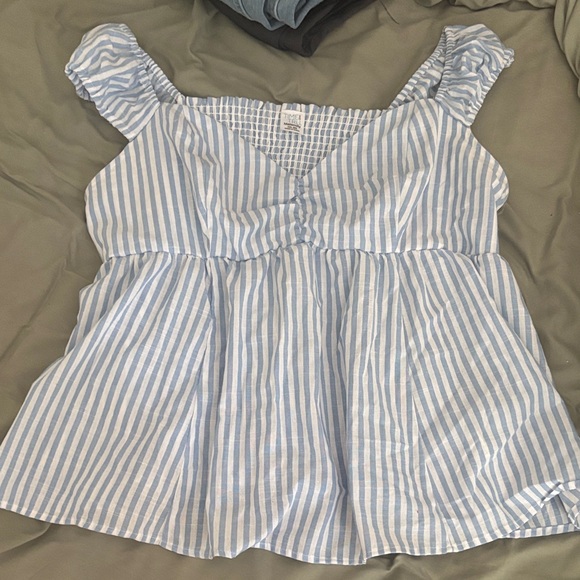 Tops - Maternity Blue and White Striped Ruffle Sleeve Tank Top